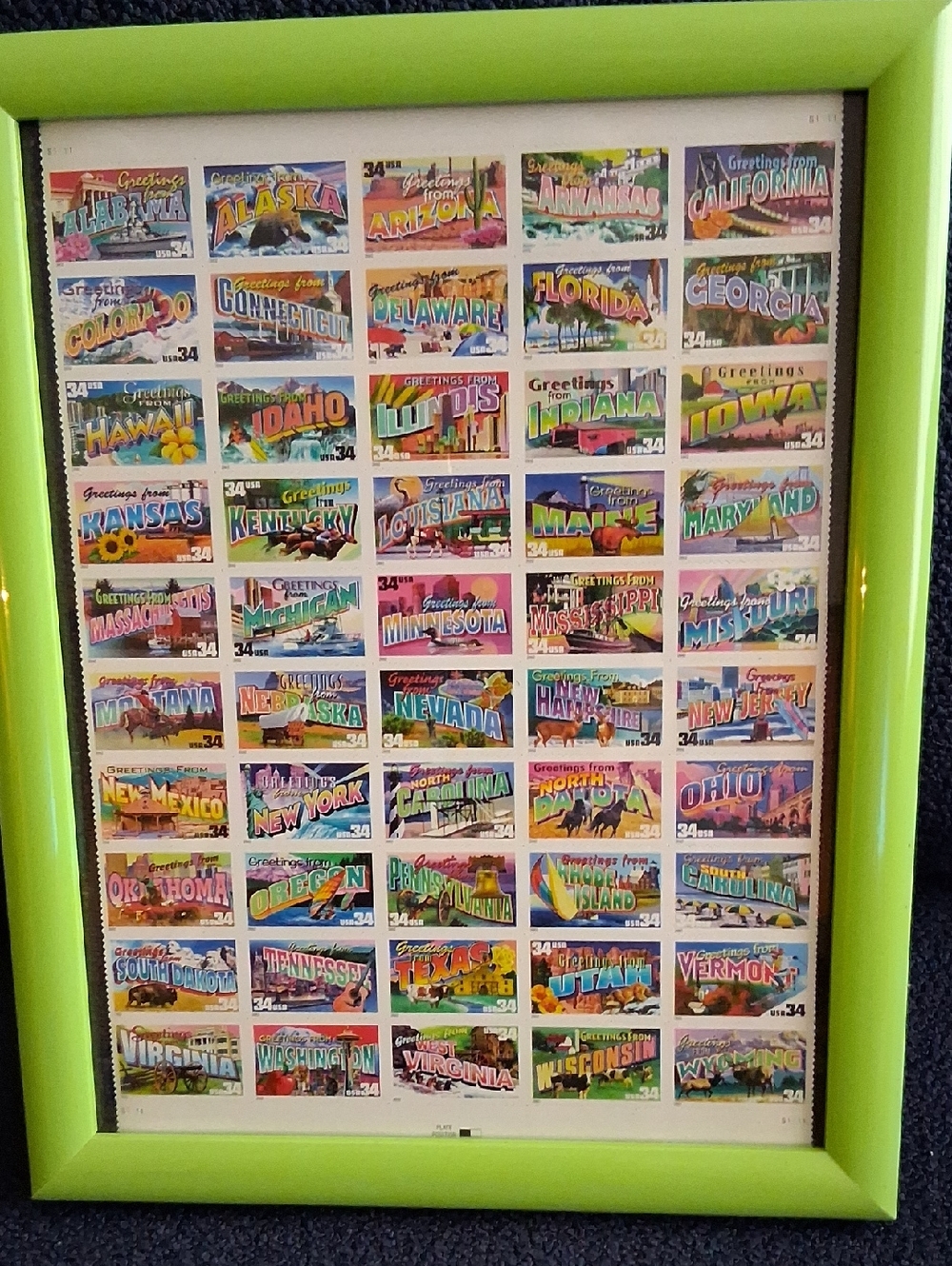 Framed "Greetings From USA" Stamp Set, 50 States